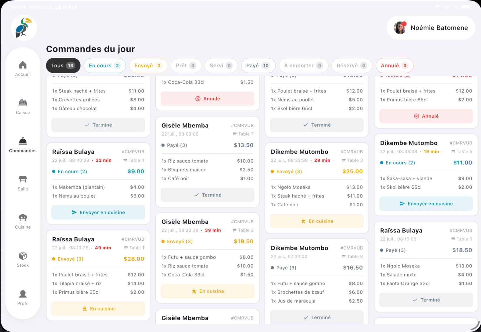 Interface Talela — Commandes du jour